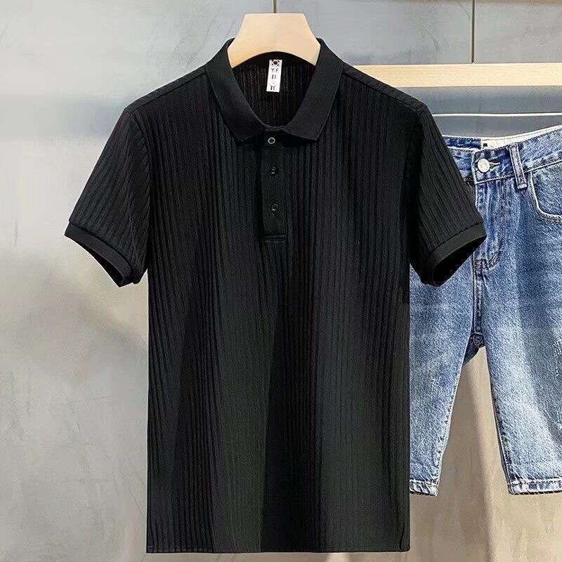 Business Ribbed Striped Mercerized Polo Shirt Short Sleeve Trendy Summer Top Turn-down Collar Men's T