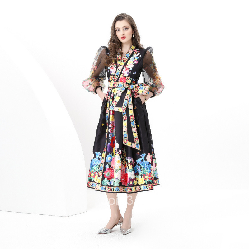 6095 Early Spring New Womens Vacation Wrap Tie V-neck Lantern Sleeve Long Dress Printed Dress