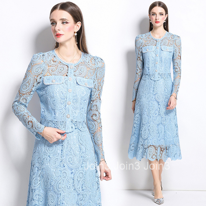 8583 New Water-Soluble Lace Set Heavy Craft Fashion Top + Skirt for Women