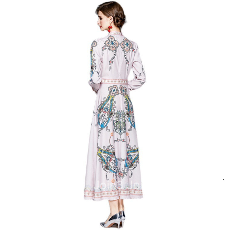 1007 New Womens Blended Positioning Printed Round Neck Long Sleeve Waist Tight Dress