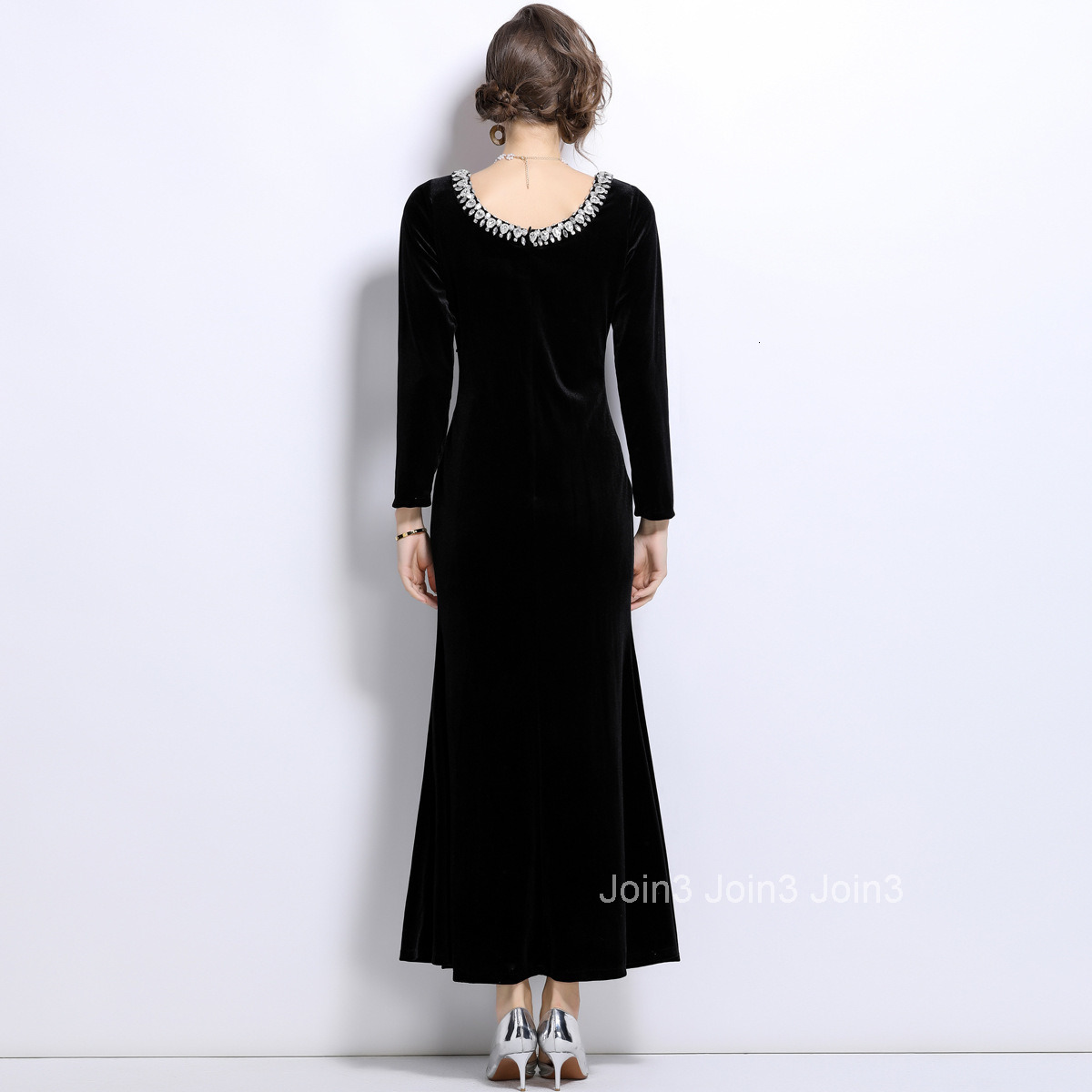 6993 Autumn New Womens Velvet Elegant Fishtail Dress Black Dress Slimming Long Sleeve Dress