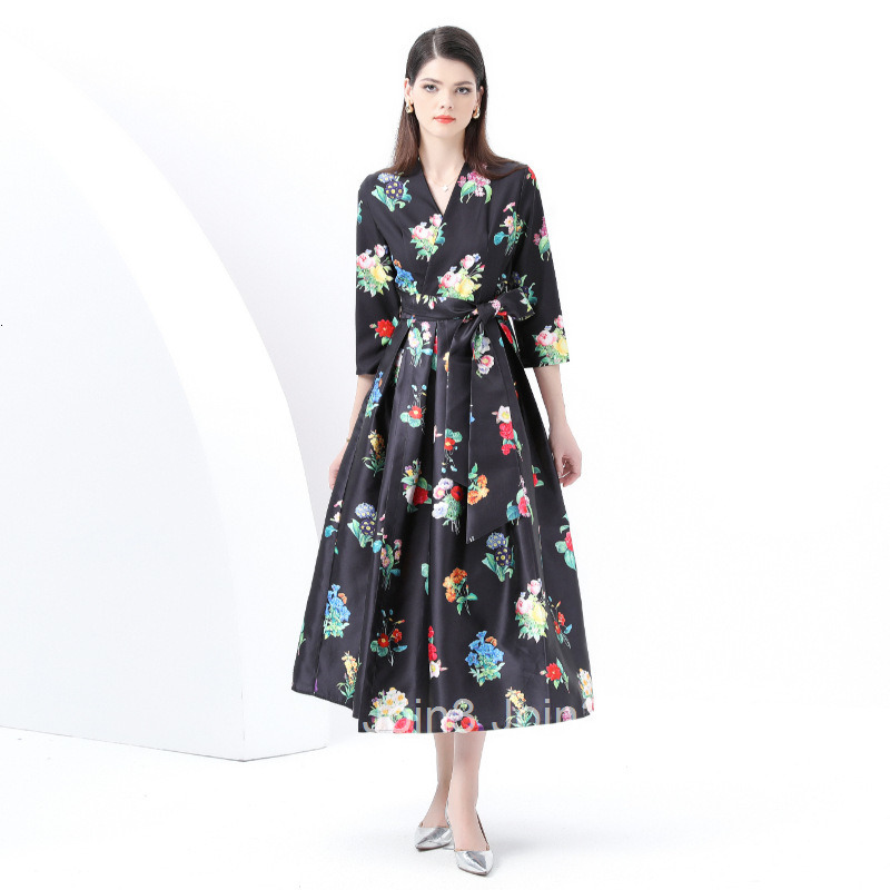 6065 Spring and Autumn New Womens Vacation Wrap Tie V-neck Three-quarter Sleeve Printed Long Dress