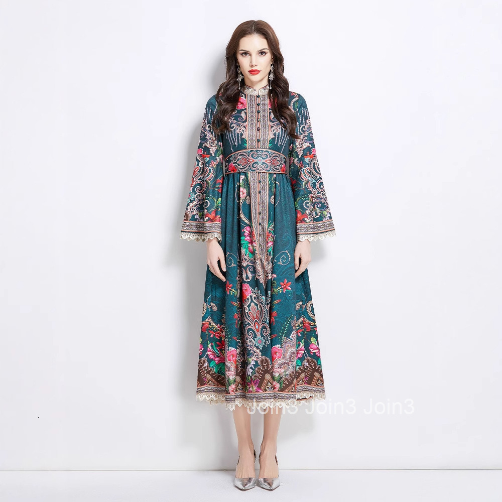 2649 Spring/Summer New Ethnic Style Pattern Stand up Collar Lace Splicing Long Dress