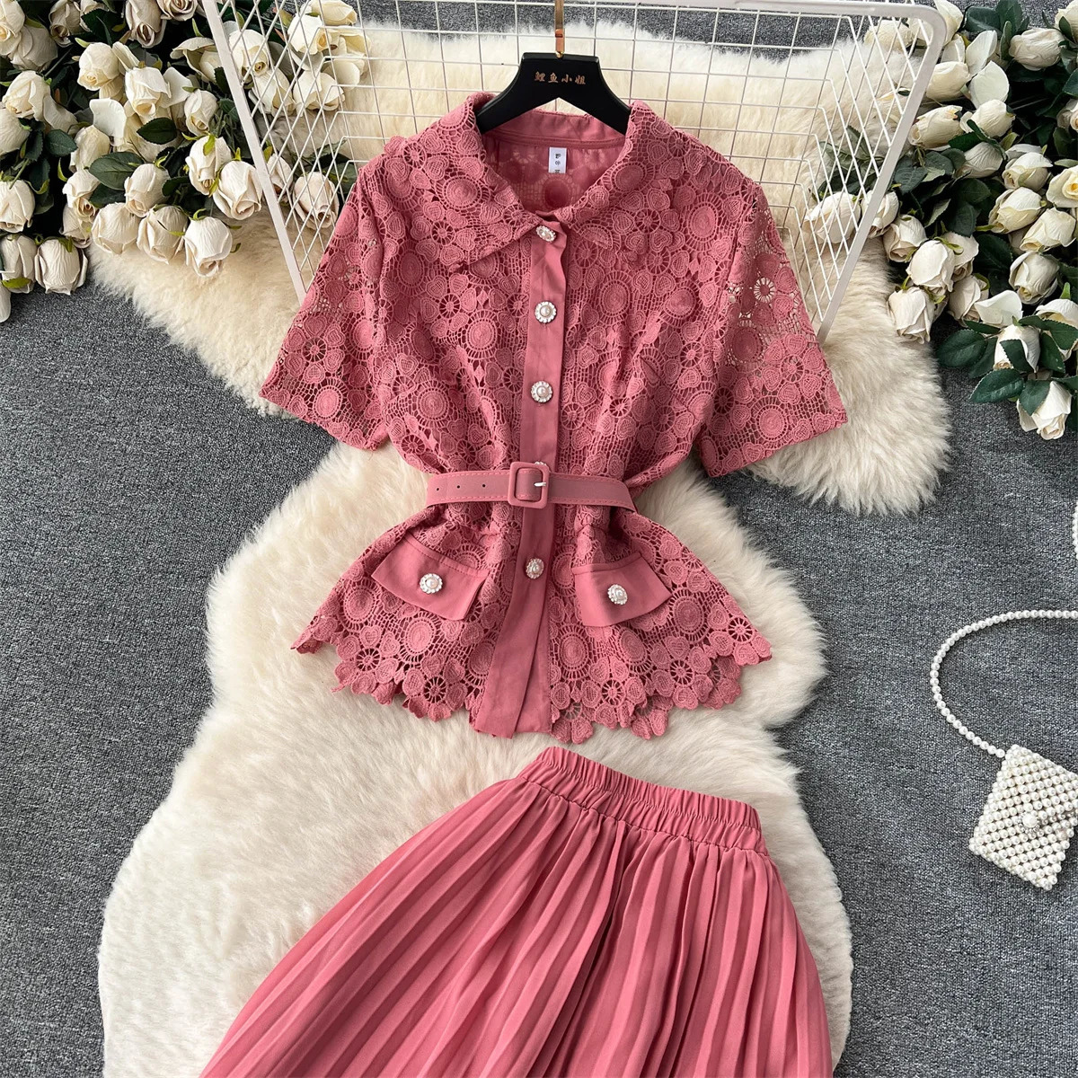 Women Chic French Two Pieces Sets Lapel Short Sleeve Shirt Elegant High Waitst A-line Pleated Skirt Chiffon Fashion Summer Sets 250714