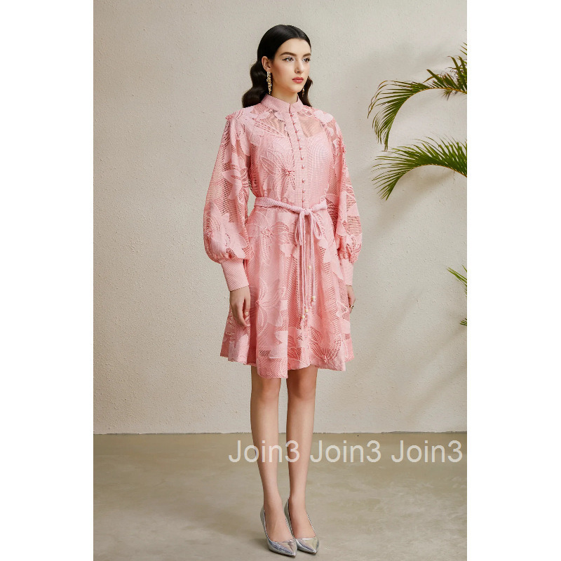 8872 Early Autumn Elegance Style Stand Collar Lantern Sleeve Gathered Wide Hem Three-Dimensional Lace Dress
