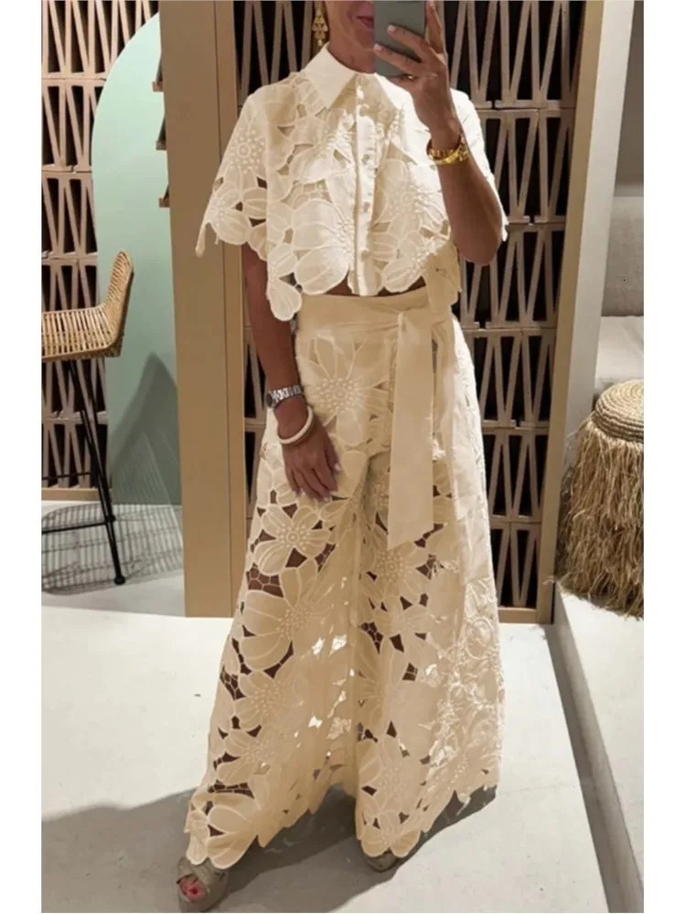 Spring Women 2-piece Set Lapel Half-sleeved Solid Color Hollow Wide-leg Pants Suit Female Fashion Elegant Sexy Ladies Outfits 250715