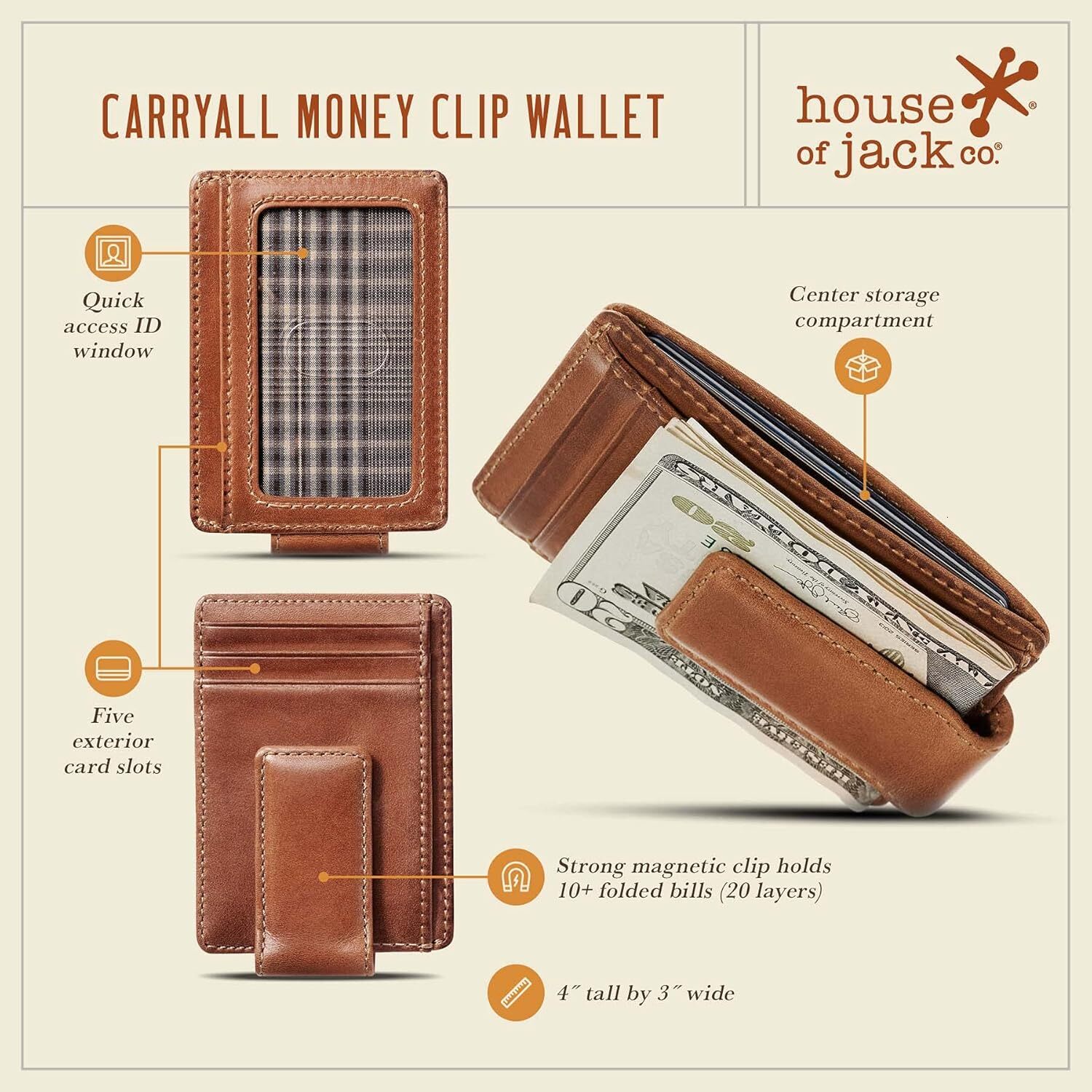 YMX Slim Money Clip for Men, Strong Magnetic Clip, Front Pocket Wallet Card Holder, Full Grain Cowhide Leather,Tan