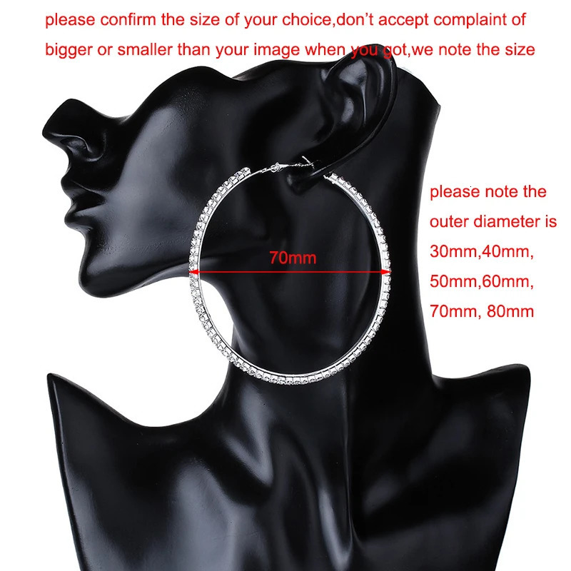 30-80mm Big Hoop Earrings For Women Girls Circle Crystal Rhinestone Earrings Black Gold Silver Color Round Earings Party Gift 250715
