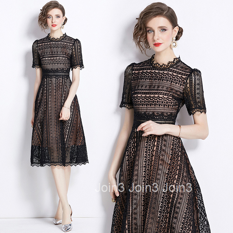 530 Summer New Womens Fashionable Short Sleeve Waist-Cinching Hollow Out Water-Soluble Lace Mid-Length Dress