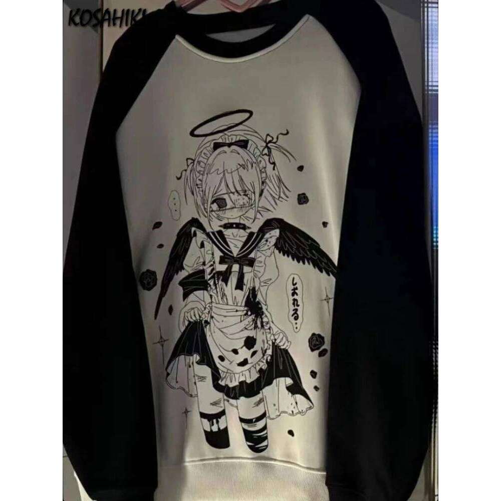 Patchwork Contrast Color Cartoon Print Hoodies Vintage Casual Women Y2k Aesthetic Tops Haruku Grunge Oversized Sweatshirts