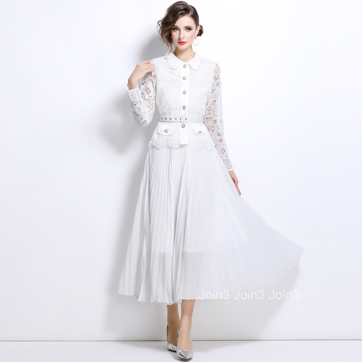 1676 autumn new womens clothing style hollow lace patchwork long sleeved pleated long skirt dress