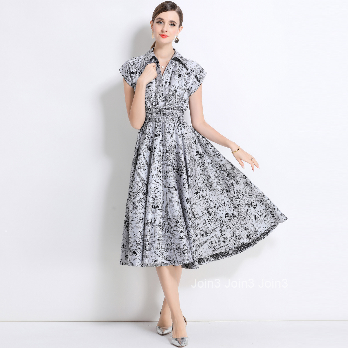 9635 Short Sleeve Dress for Women Waist-Cinching Slimming Ink Painting Jacquard Stylish Dress