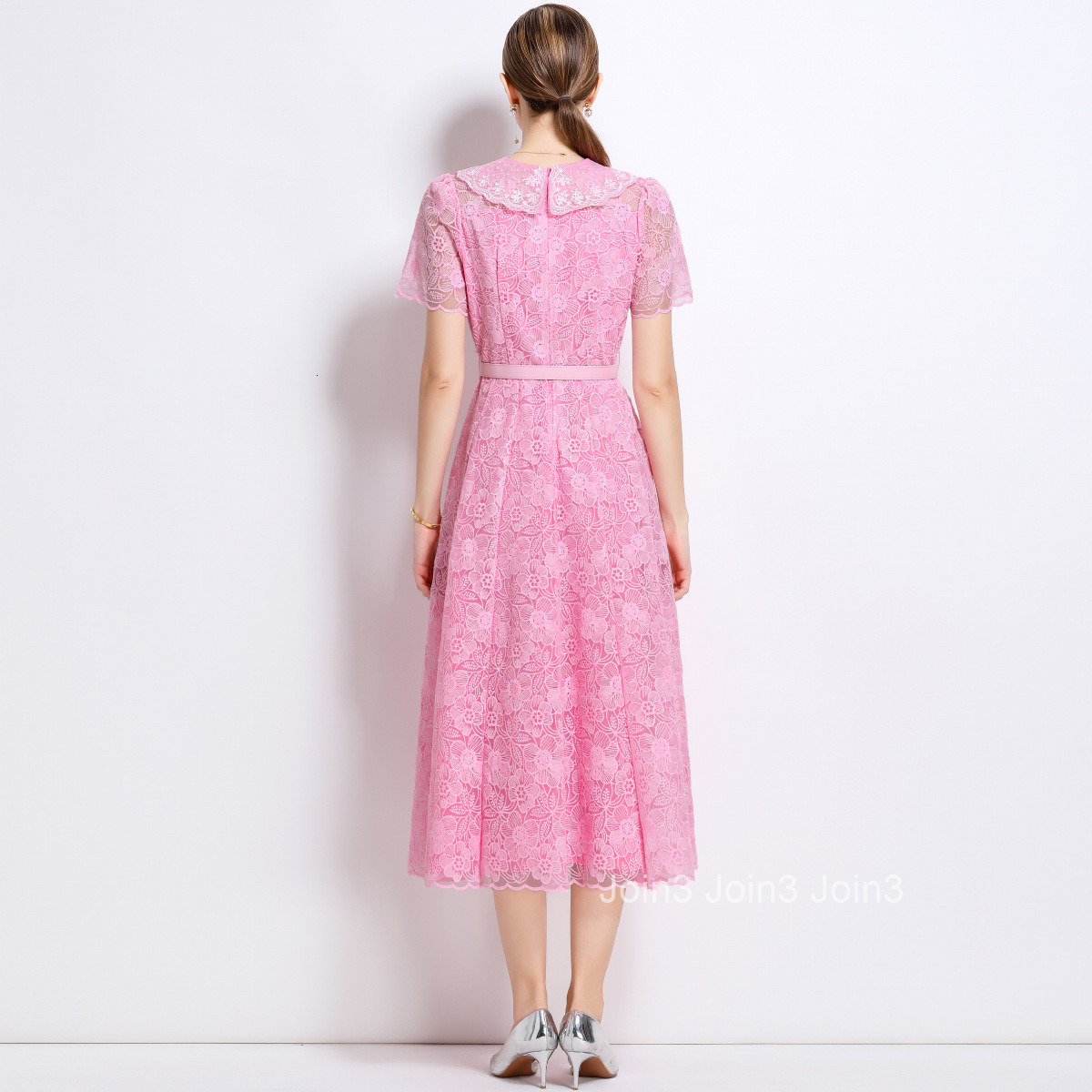 1501 Summer New Elegant Water-Soluble Lace Dress Short Sleeve Doll Collar Tie Waist Long Dress