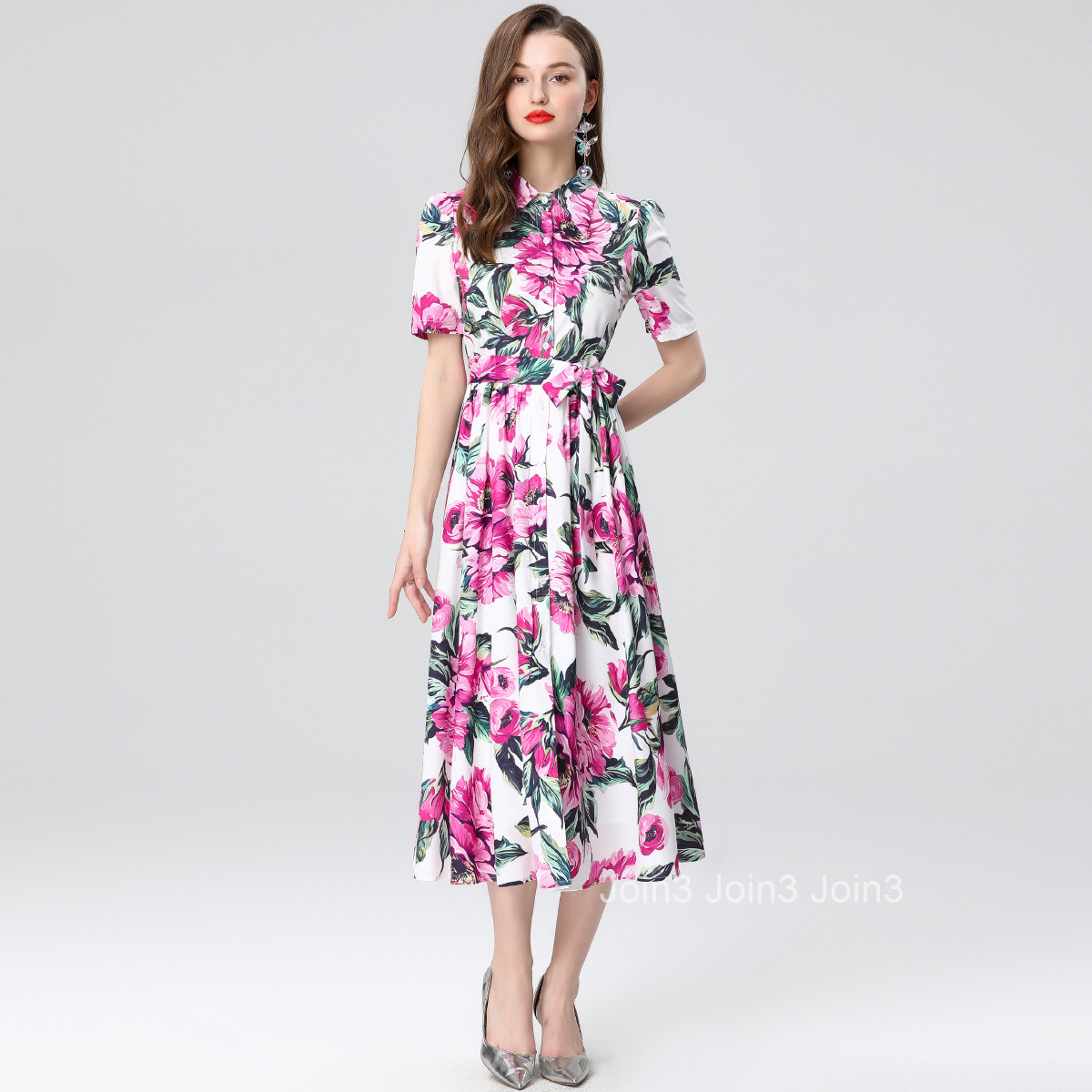 6838 Summer New Womens Clothing Style Collar Short Sleeve Waist for slimming Printed Long Dress