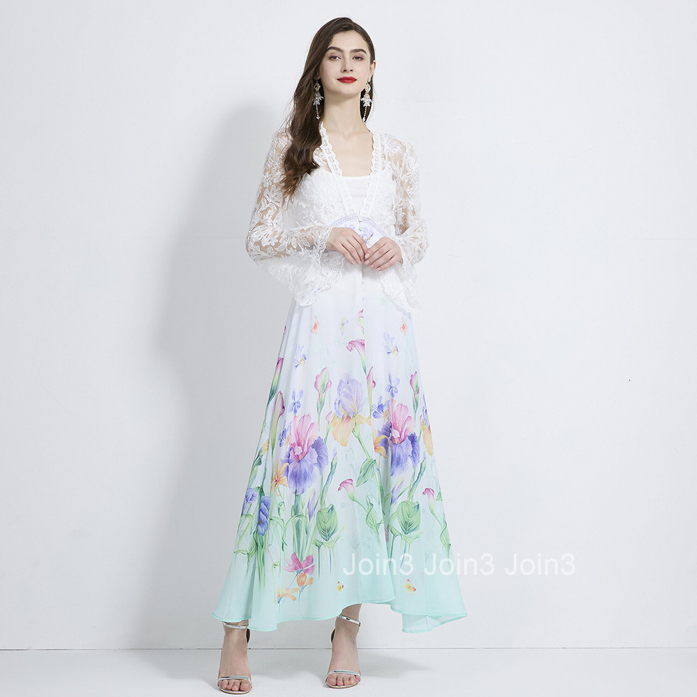 2105 Autumn New Womens Vacation Style V-Neck Flared Sleeve Lace Patchwork Printed Dress Two-Piece Set