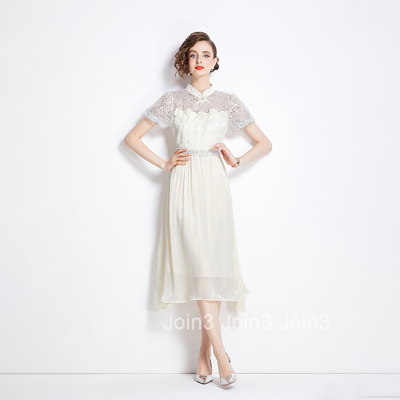 8016 Summer New Womens Fashionable Mesh Sequin Waist Slimming Long Dress