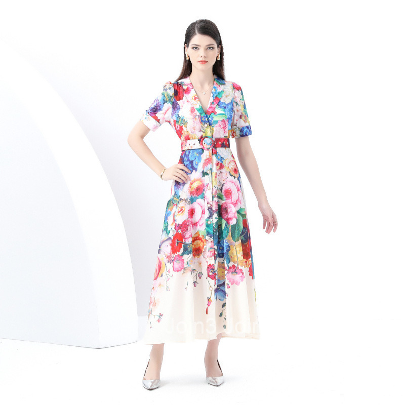 6073 Early Spring New Womens Vacation Style Suit Collar Short Sleeve Flared Printed Long Dress