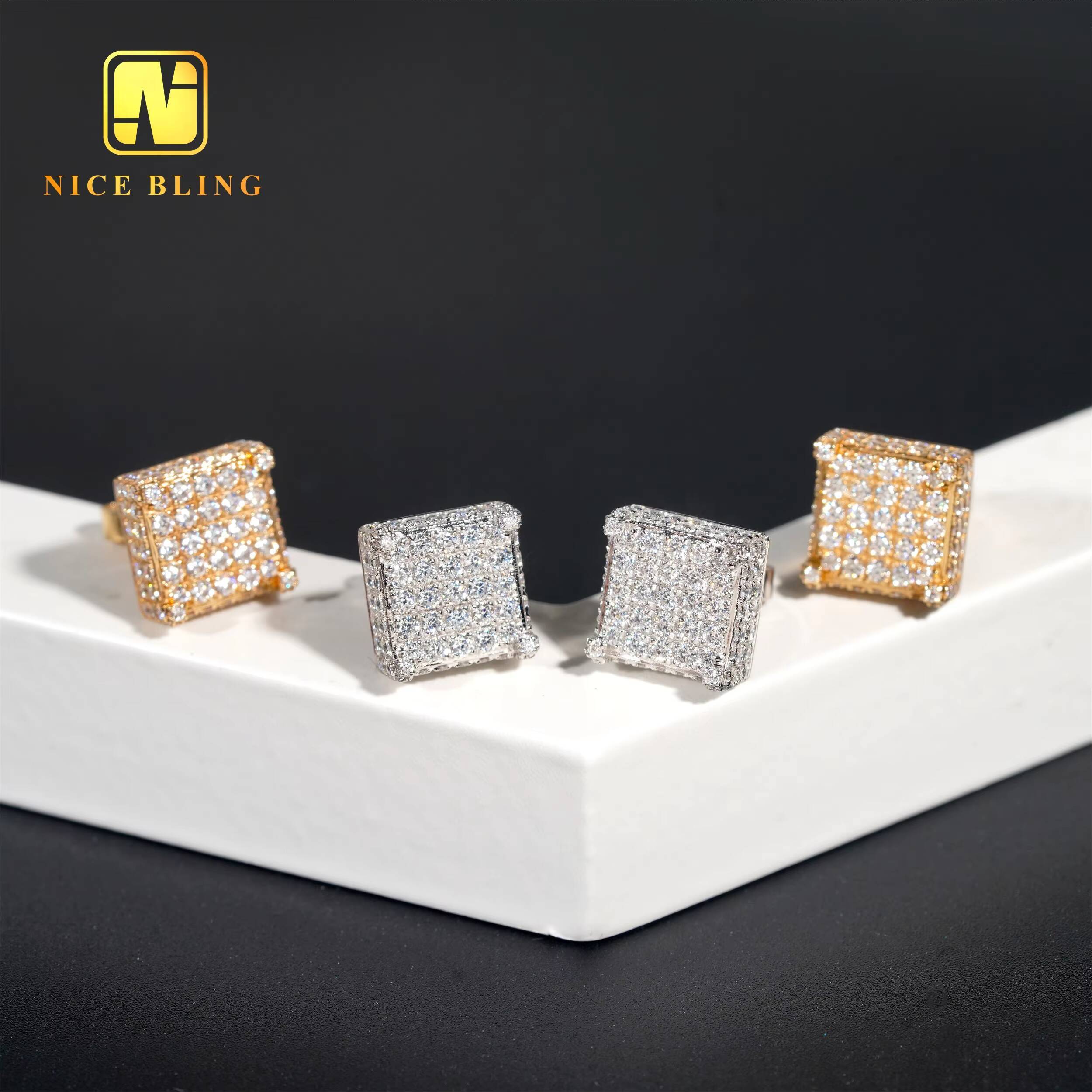 Full Iced Out Lab Diamonds Ear Studs 10K Solid Gold Jewelry Earrings Square Shape Shining Moissanite Earrings for Men Women