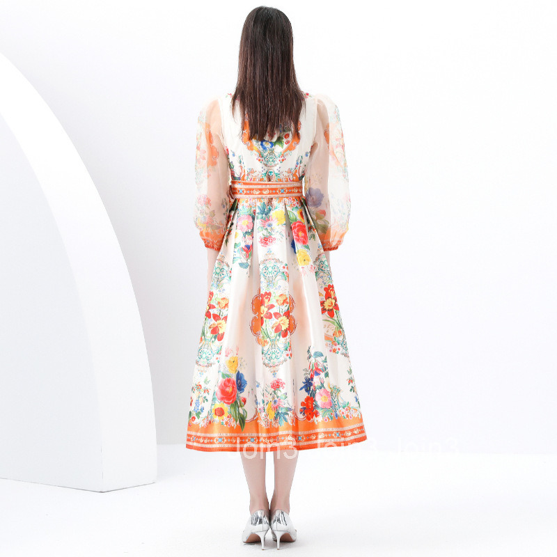 6016 Early Spring Vacation Wrap Tie Style Lantern Sleeve Long Printed Dress