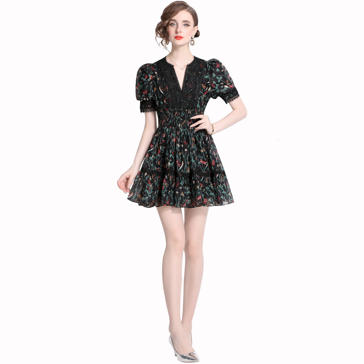 6873 Summer New Womens Fashion Elegant Printed Dress V-neck Lace Waist Slimming Short Dress