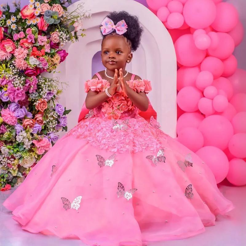 2025 Pink Flower Girl Dresses Children Birthday Dress Illusion Spaghetti Straps Flora Applique Beaded Lace Tiered Tulle Princess Queen Ball Gown For M