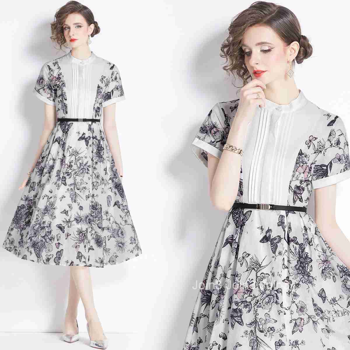 5814 Summer New Womens Clothing Stand Collar Printed Patchwork Ink Wash Dyed Large Hem Mid-Length Dress