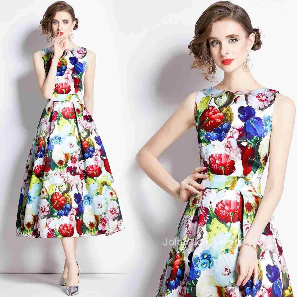 891 Summer New Womens Printed Sleeveless High Waist Dress Slim Waist Flared Long Dress