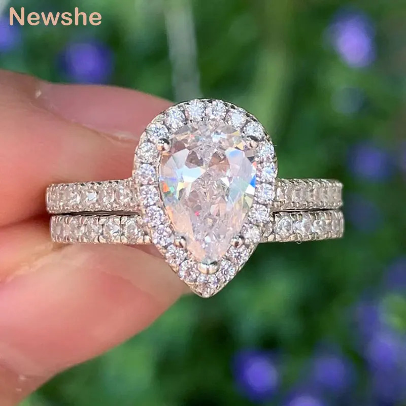 she 2 Pieces Tear Drop Shape Engagement Ring Wedding Band for Women 925 Silver Bridal Jewelry High Grade Cubic Zircons 250715