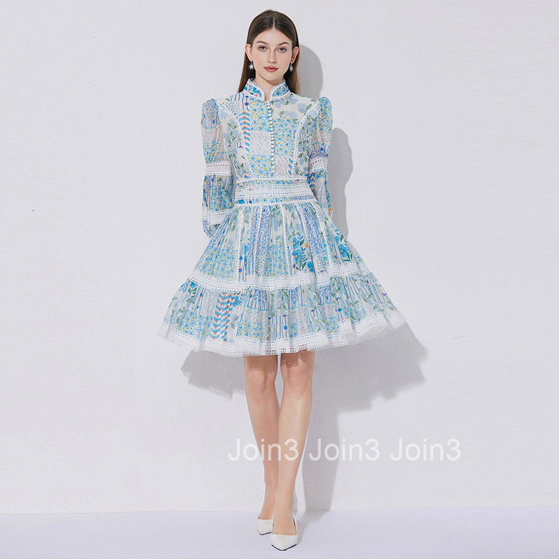 5155 French Elegant Lace Patchwork Printed Waist-Cinching Lantern Sleeve Dress