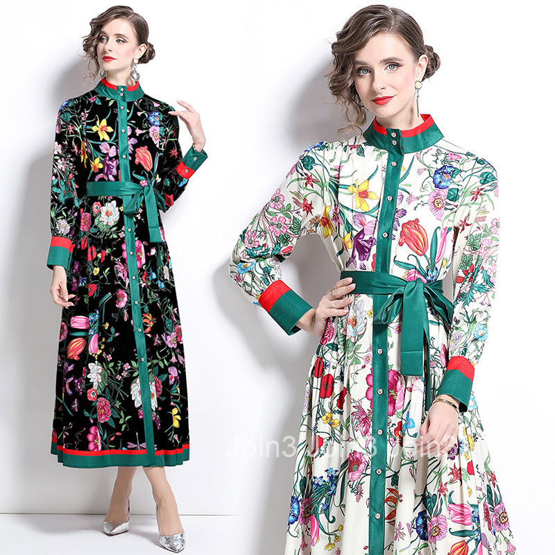 8770 autumn new womens clothing style fashionable Elegance style stand up collar single breasted printed dress