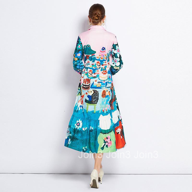 8463 Summer Autumn New Womens Fashion Printed Turn-Down Collar Long Sleeve Flared Long Dress