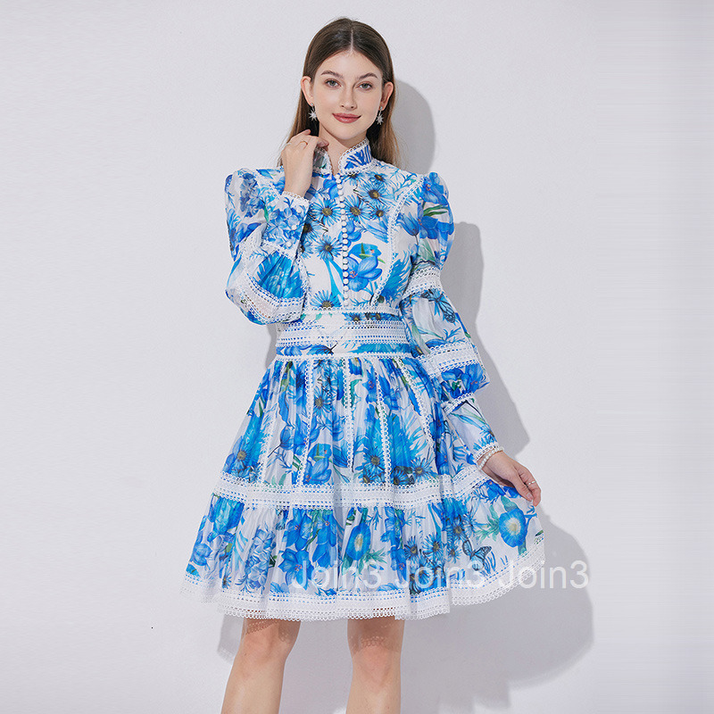 5155 French Elegant Lace Patchwork Printed Waist-Cinching Lantern Sleeve Dress