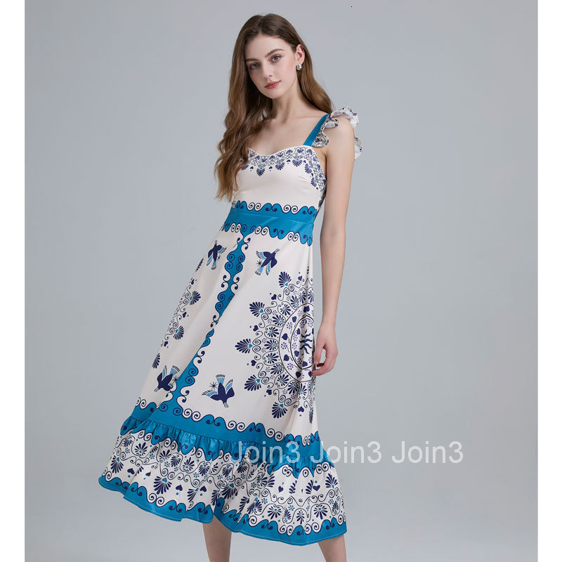 021 Summer New Womens Fashion Elegant Ruffled Strap High Waist Flared Printed Long Dress