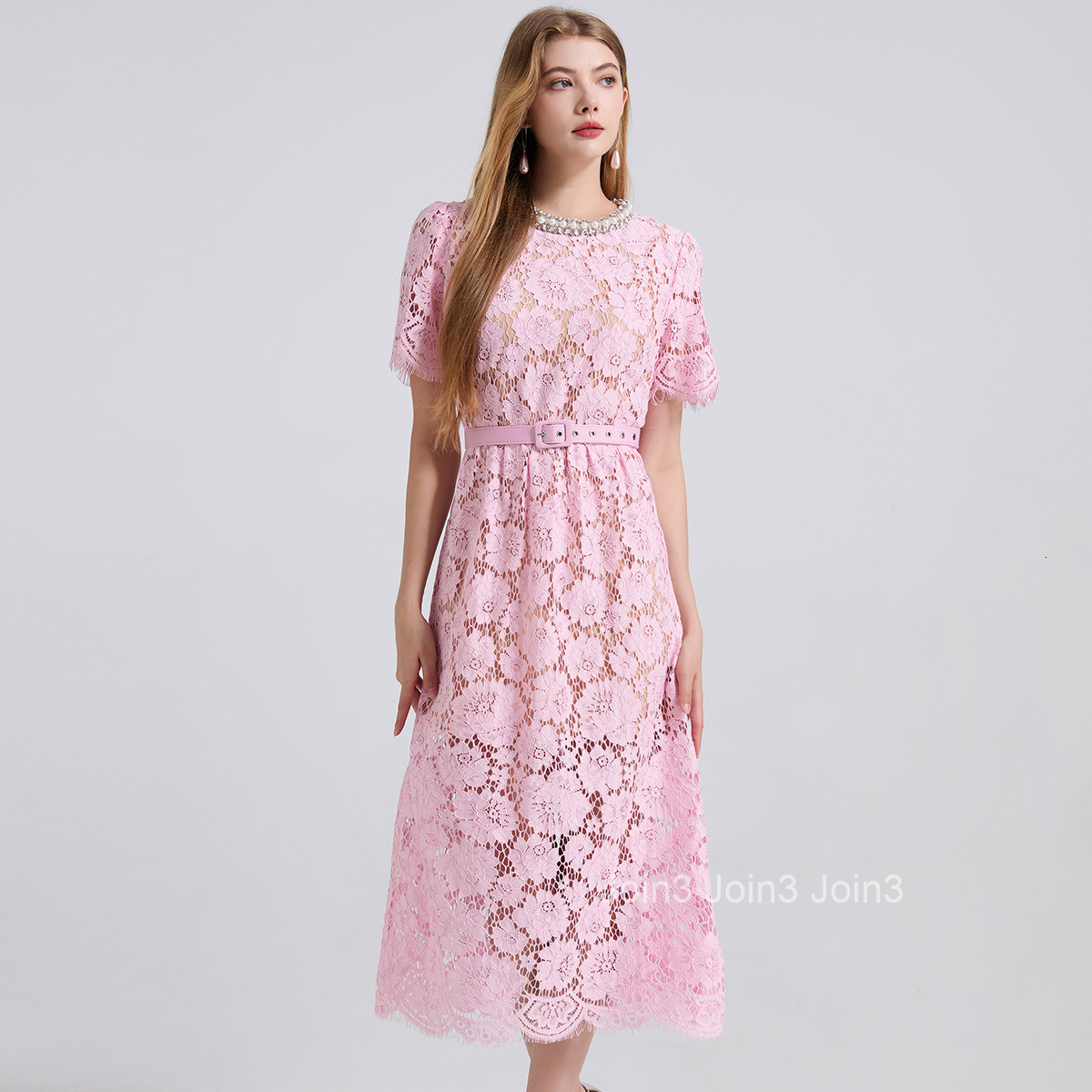 796 Pink Lace Round Neck Rhinestone High Waist Slim Fit Dress Bodycon Eyelash Dress