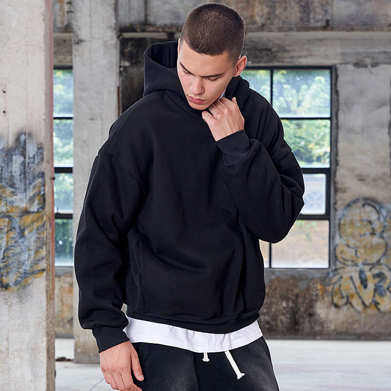 Autumn Winter New Short Wide Trendy Hoodie High-Quality Loose Solid Color Fleece Drop Shoulder Men's Pullover Sweatshirt