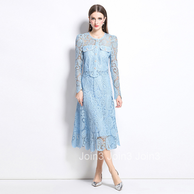 8583 New Water-Soluble Lace Set Heavy Craft Fashion Top + Skirt for Women