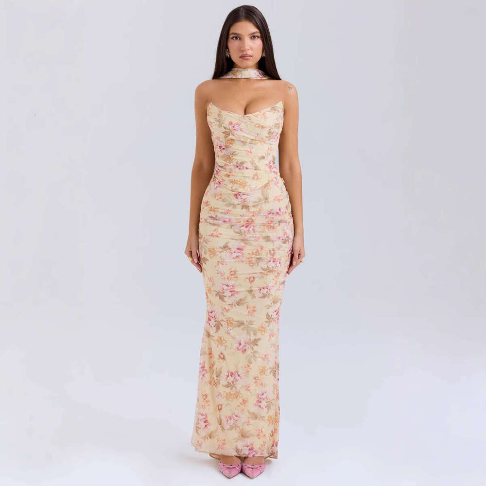 Cross-Border Hot Selling European and American Style Blue Tube Short Top + High Waist Bodycon Pencil Skirt Slim Fit Two-Piece Set