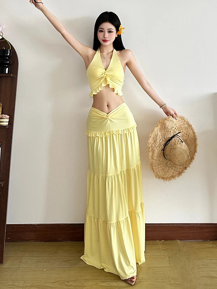 Cute Pleated Matching Women 2 Piece Solid Sexy Ruffle Halter V-neck Crop TanksCross High Waist Skirts Female Vacation SETS 250714