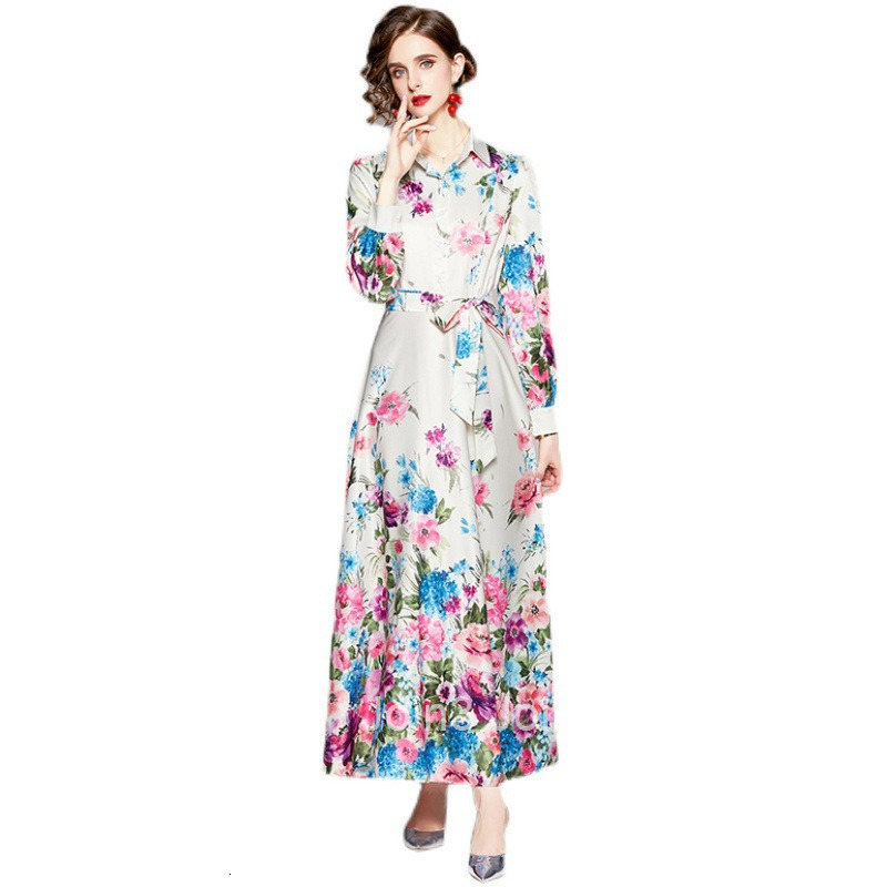 9802-Fashion Waist-Cinching Thin Strap Positioning Printed Dress