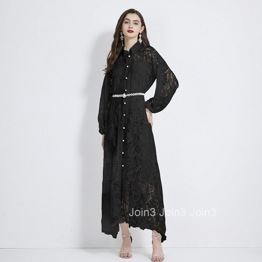 2114 Water soluble lace stand up collar lantern sleeves pearl belt waist cinching temperament long skirt dress two-piece set