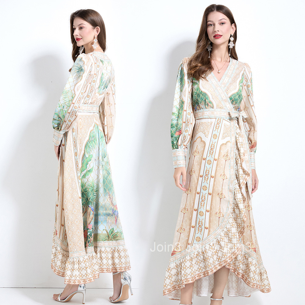 2124 Spring/Summer New Womens Dress with Cross Collar Printed Lace Waist and Ruffle Edge