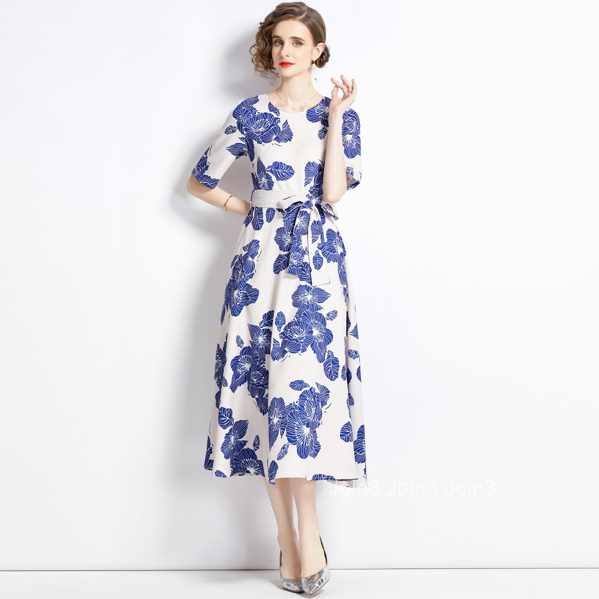 9034 Summer New Womens Blue and White Porcelain Print Round Neck Waist-Cinching Fashion Slim Long Dress