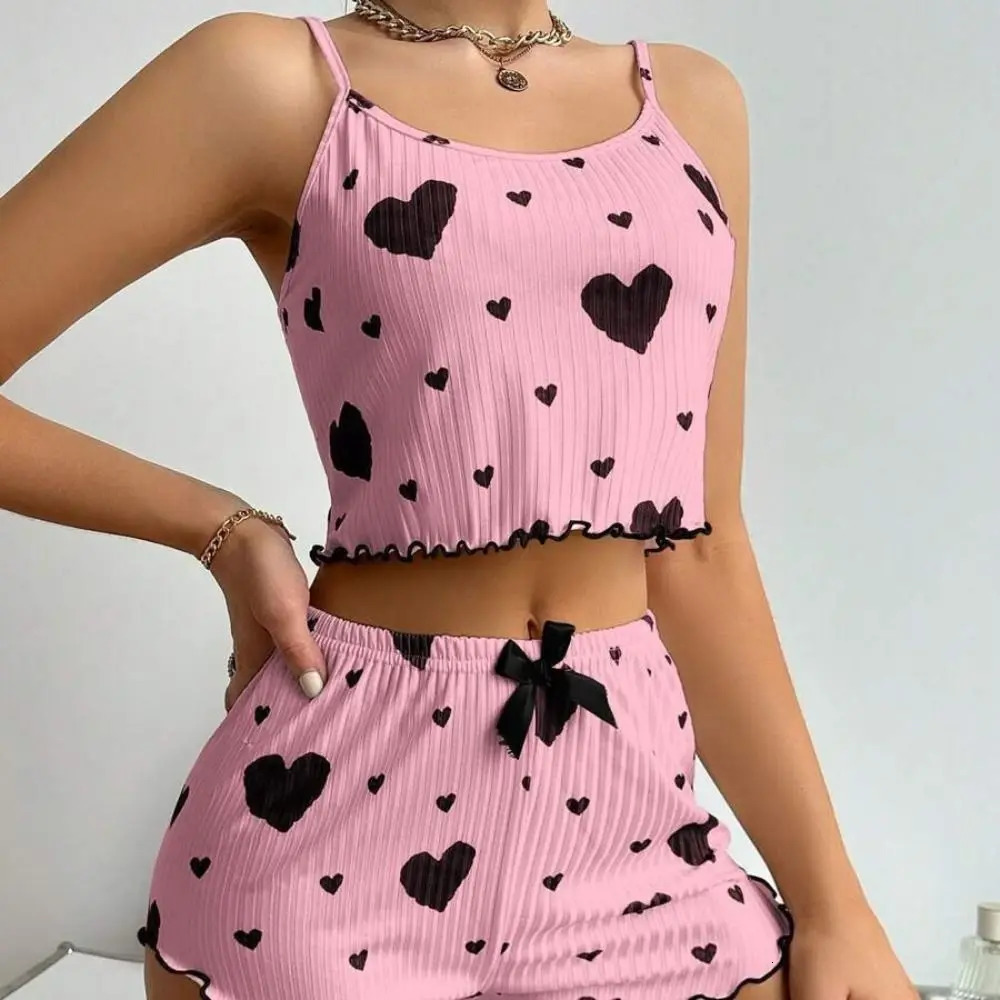 Summer Thin Pajamas Solid Color Polyester Leisure Suit Homewear Set Sling Shorts Ladies 250717