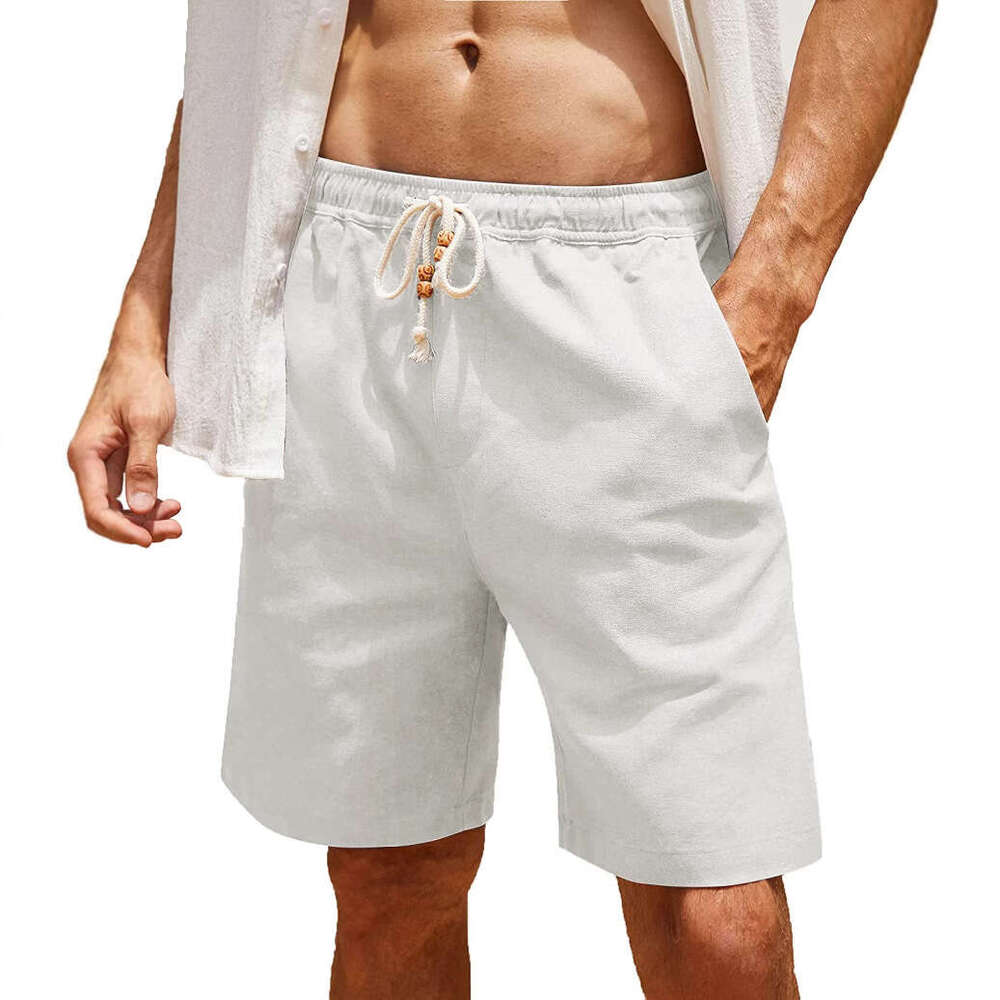 2023 Men's Cotton Linen Drawstring Plus Size Pocket Casual Shorts