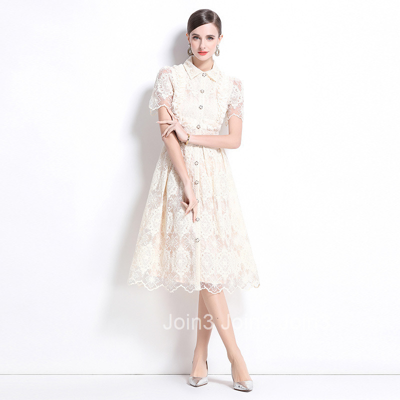 6953 Summer Dress French Elegant Heavy Lace Embroidery Turn-Down Collar Single-Breasted Waist-Cinching Slimming Formal Dress