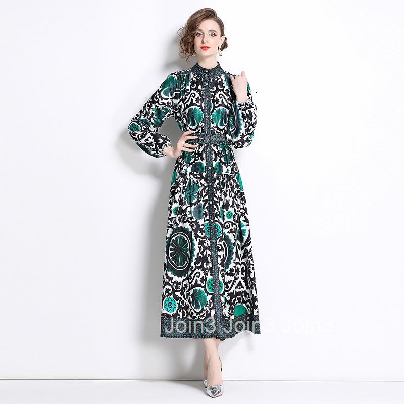 8755 Fashion Elegance Style Stand Collar Single-Breasted Printed Dress