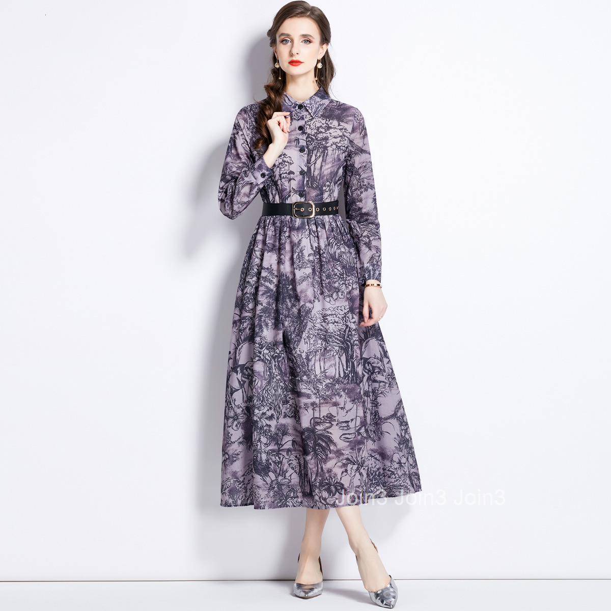1605 Autumn New Womens Polo Neck Print Waist Wrap Long Dress (with Belt)