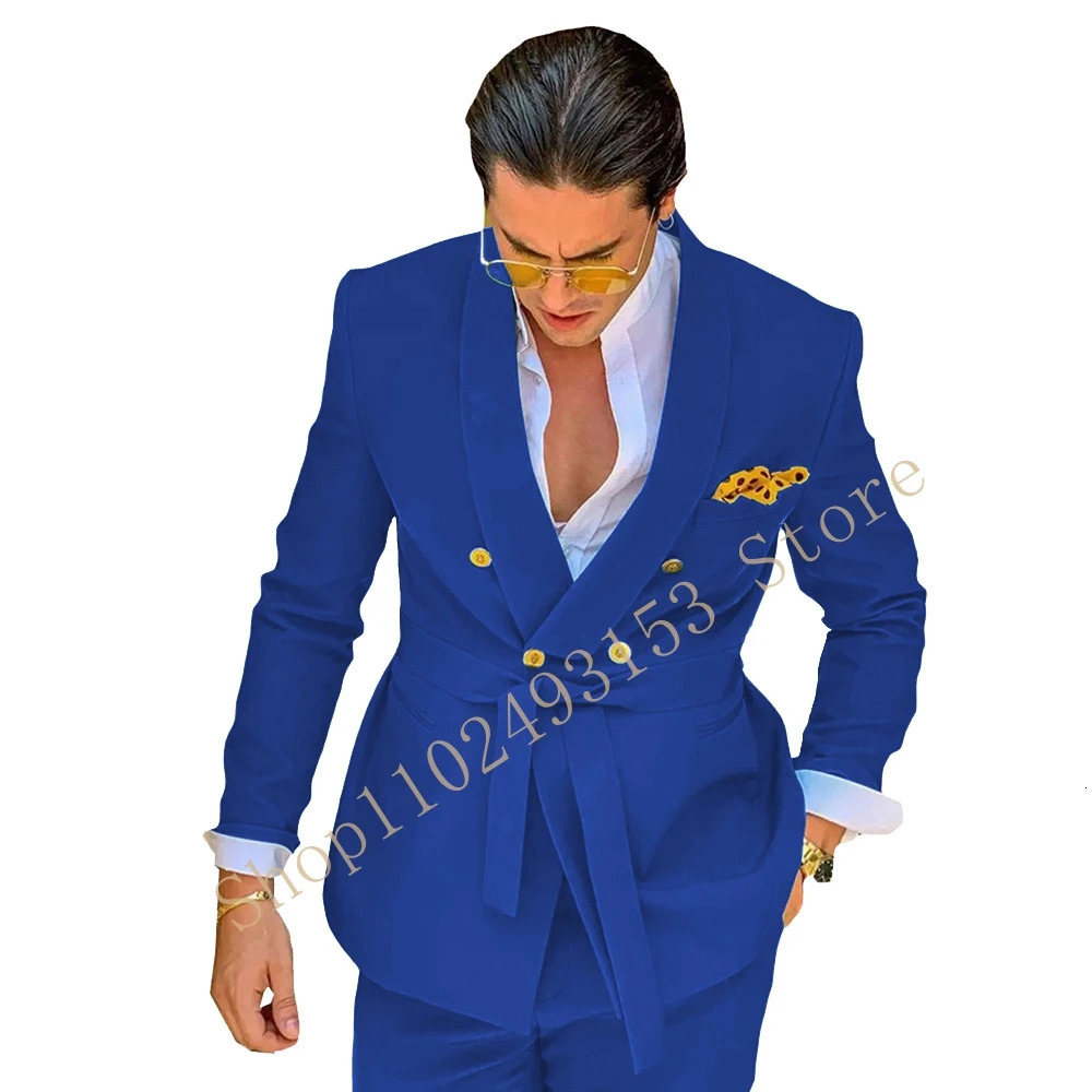 Green Male Suits for Wedding With Belt 2 Pieces Double Breasted Formal Groom Travel Wear JacketPants Costume Homme 250717