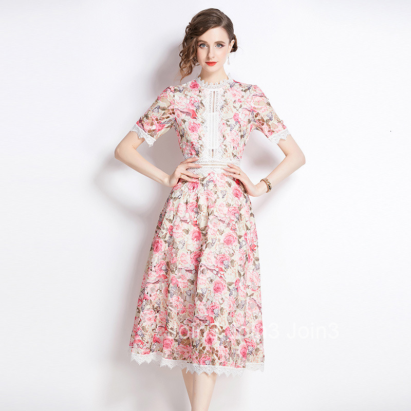 6949 Summer New Womens Elegant Lace Splicing Printed Waist Collection Dress