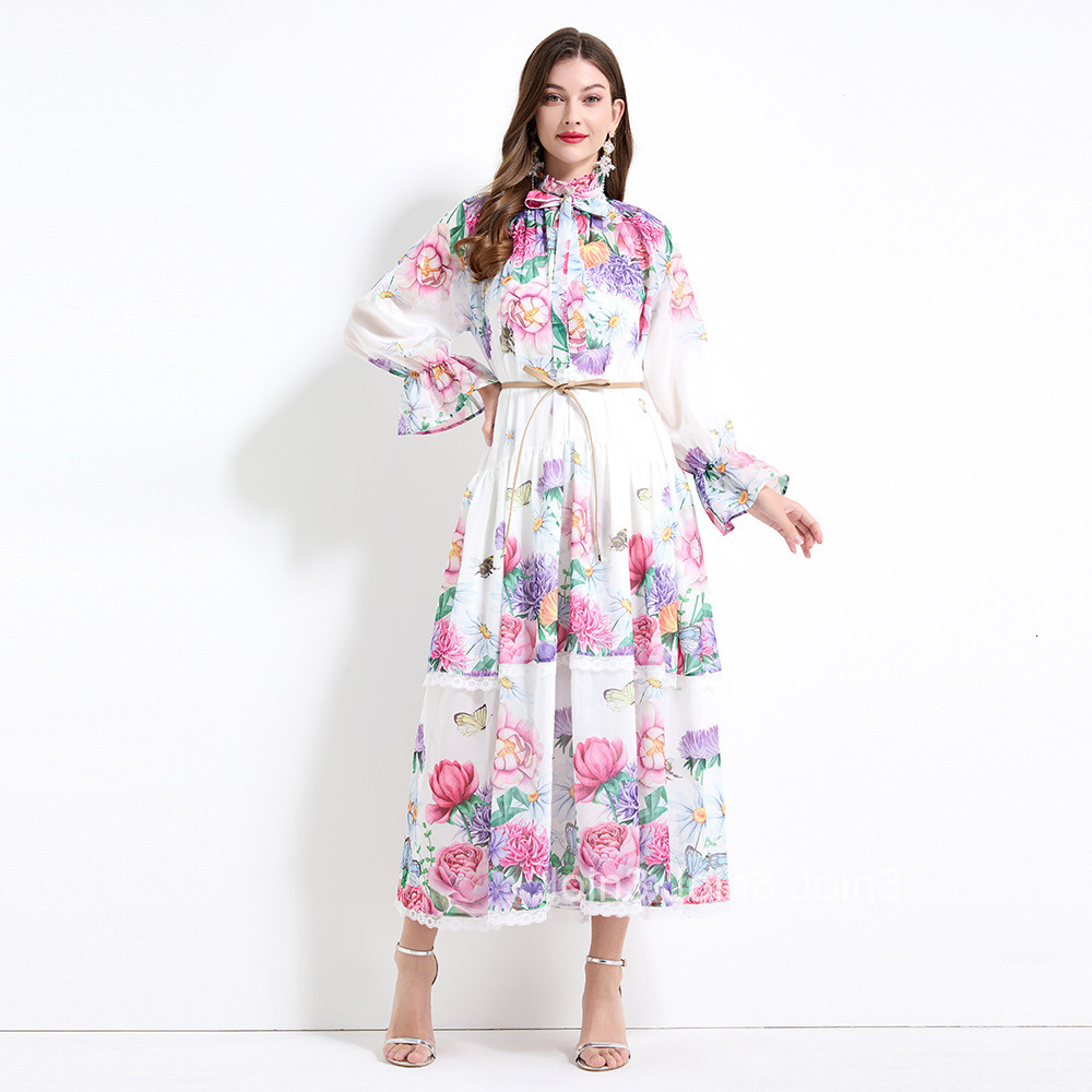 2170 Spring New Womens Fashion Elegant Vacation Style Lace Cake Dress Printed Waist-Cinching Long Dress - Two-Piece Set
